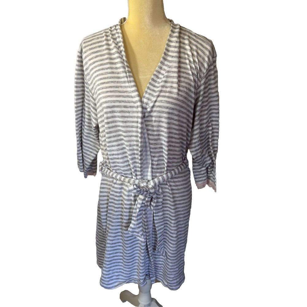 Vintage Laura Ashley Robe Womens‎ L Gray White Striped Dressing Gown Cottage